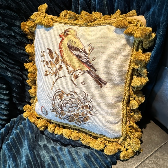 Wool Needle Point Pillow with Tassel Fringe-Song Bird with Nest-Beige/Tan - Picture 8 of 13